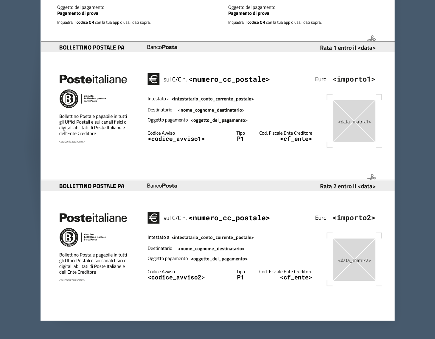 Dettaglio della sezione "Bollettino Postale PA (Rate in multipli di 2)" all'interno dell'avviso di pagamento pagoPA.