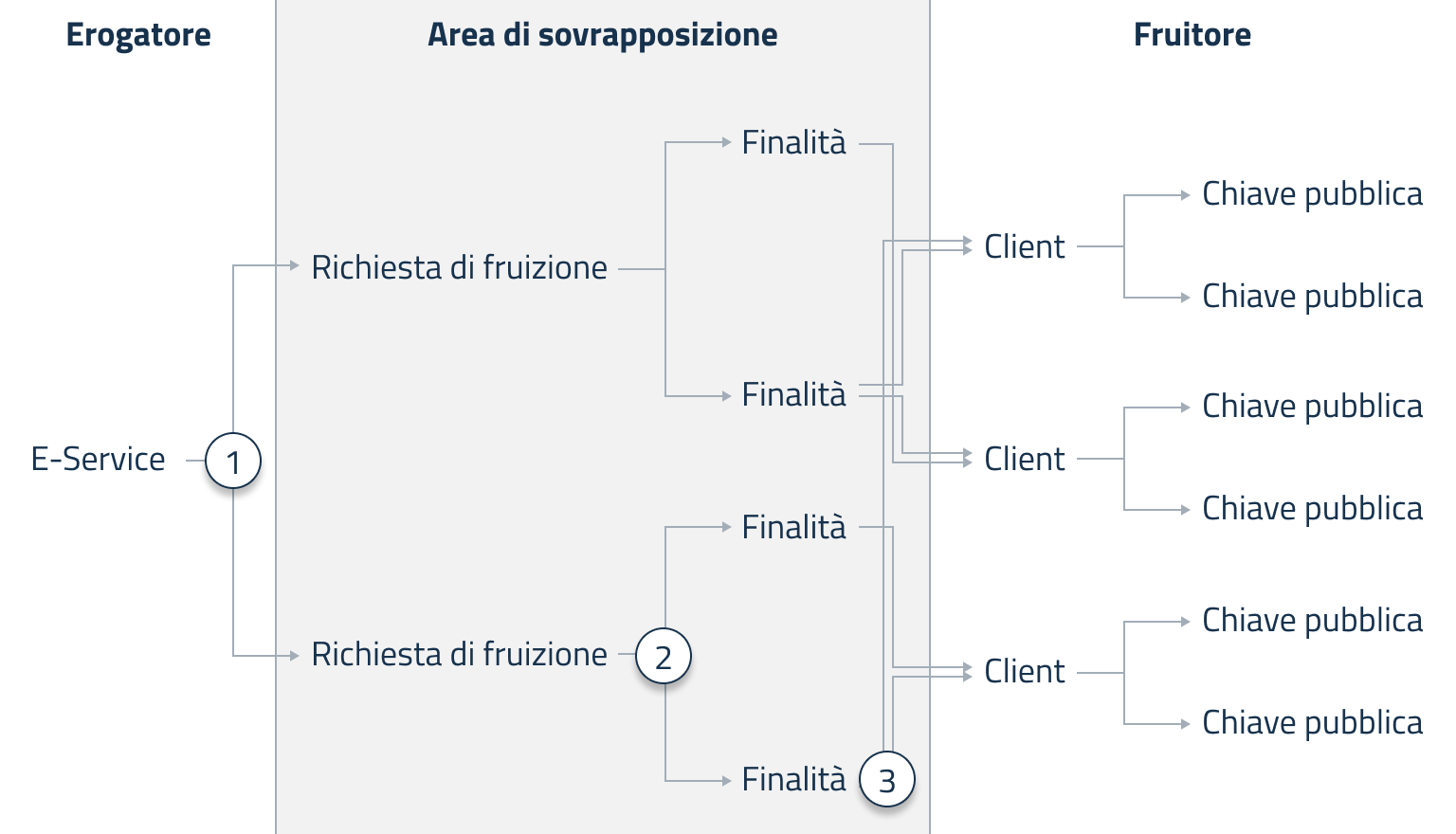 Un diagramma che dettaglia le aree di sovrapposizione sulle operazioni. Gli e-service sono esclusiva competenza dell&#x27;erogatore, client e chiavi pubbliche del fruitore. Richieste di fruizione e finalità sono invece parti sulle quali entrambi gli attori possono agire