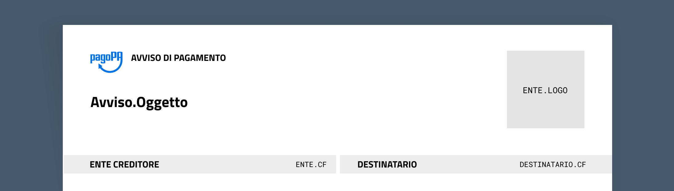 Dettaglio della sezione "Intestazione" all'interno dell'avviso di pagamento pagoPA.